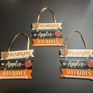 Lot of 3 Autumn Fall Pumpkins, Apples & Hayrides Hanging Wall Decor 4.75 x 5.75"